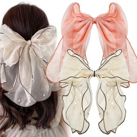 2 PACK Chiffon Bow Hair Clips, Bowknot Pearl Barrettes, Snap Hair Clasps, Tulle Hair Styling Accessories for Women Girls (White + Pink)