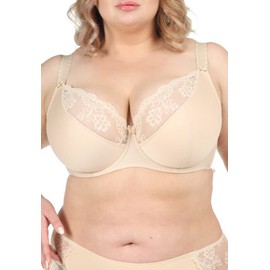 Teyli Cotton Minimiser Bra with Underwire and Lace - Comfort Bra for Large Sizes - Strong Hold for Large Breasts - Women's Bra with Lace Cups, beige, 75J