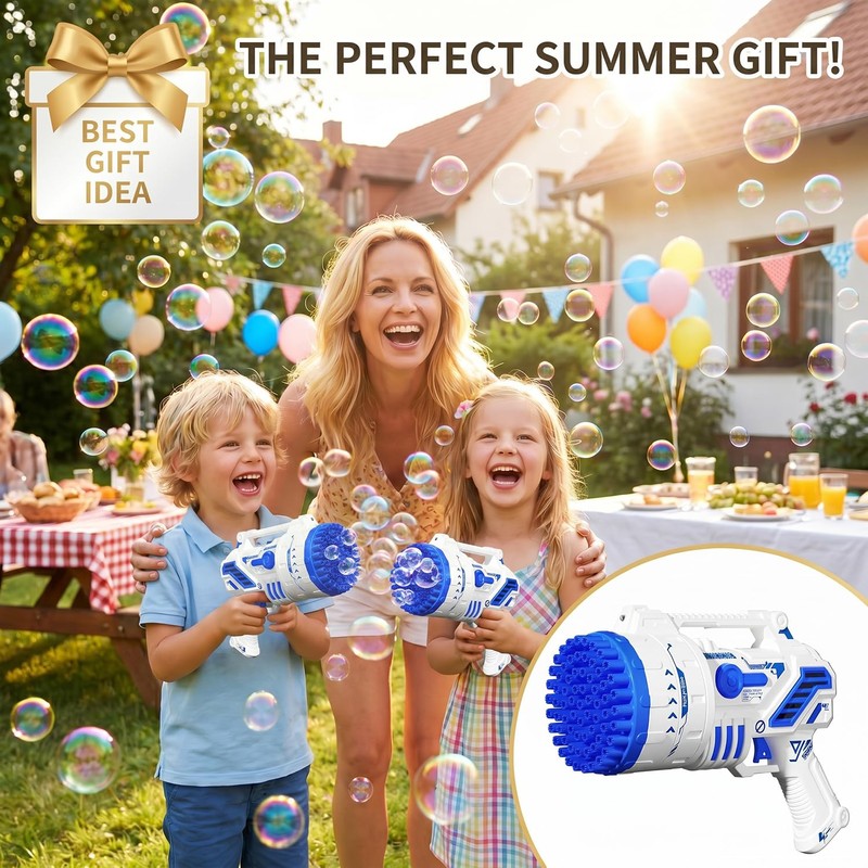 Bubble Gun for Kids, 69-Hole Bubble Blaster with LED Lights,