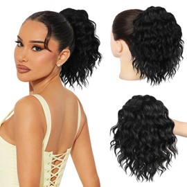 REECHO Ponytail Extension, 10” Short Curly Claw Clip Ponytail Extension for Black Women, Synthetic Fluffy Soft Wavy Pony Tails Hair Extensions, Natural Black