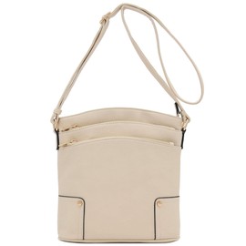 ALYSSA Triple Zip Pocket Large Crossbody Bag (Beige)