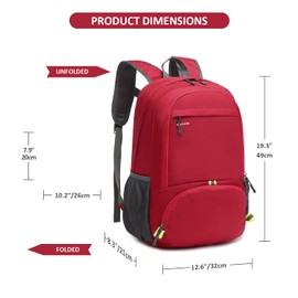 MRPLUM 25L-30L Rucksack Foldable Ultralight Packable Backpack, Unisex Durable Handy Daypack for Travel & Outdoor Sports Durable & Waterproof (Red)