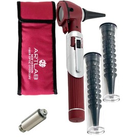 Compact Pocket Size Mini Otoscope with 2 Specula Tip Tubes, Extra Bulb, & Storage Pouch - Artlab (Burgundy)