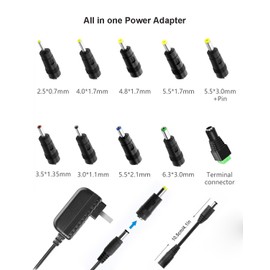 DC 9 Volt 2Amp Switching Power Supply, 100-240V 50-60Hz AC to DC 9V 2A 18W Power Supply Cord Adapter with with 10 Tips & 5.5mm x 2.1mm Reverse Polarity Converter Cable