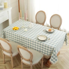 Laolitou Checkered Tablecloth Rectangle Washable Heavy Duty Buffalo Plaid Table Cloth with Tassel Cotton Linen Gingham Table Cover for Holiday Picnic Kitchen Dining Room, Blue, 55 Inch