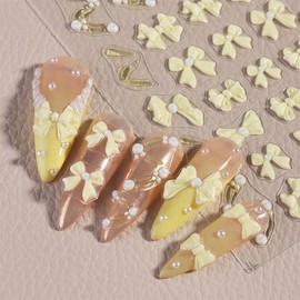 5D Bow Nail Decals for Nail Art Yellow Bow-Knot Nail Art Stickers Embossed Pearl Ribbon Nail Stickers Self-Adhesive Bows Nail Supplies Bow Nail Decoration for Women Girls Nail Art Design 1 Sheets