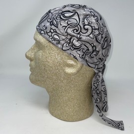 Headwrap Biker Hat Durag Skull Cap Helmet Liner Bandanna Silver Gray Grey Black Paisley Moisture Wicking and Vented Micro Fiber Dry Fit Stretch
