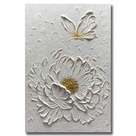 Boiee Art,24x36Inch Hand Painted Creamy Textured Wall Art Abstract Floral Wall Decor Art Minimalist Butterfly Artwork White and Gold Flower Oil Painting for Home Office