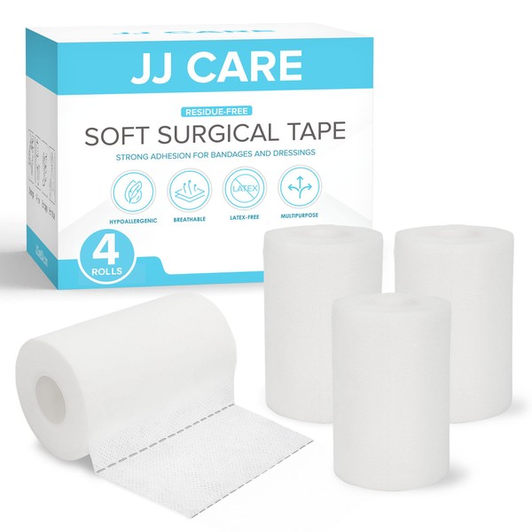 JJ CARE Soft Surgical Tape [Pack of 4], 4” x 10 Yards Soft Cloth Tape | Latex-Free Cloth Medical Tape for First Aid | Breathable Cloth Surgical Tape, Hypoallergenic Adhesive Tape White