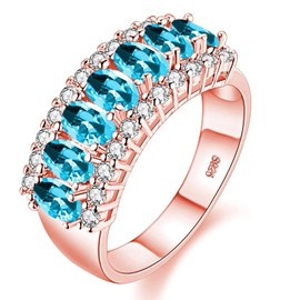 Uloveido Women's Rose Gold Plated Oval Cut Light Blue Cubic Zirconia 7 Stone Wedding Band,Simulated Aquamarine Ring J501 (Light Blue, Size L)