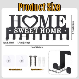 1 Pack Key Holder Wall Mount with Home Sweet Home Sign, Wall Key Hooks No Drill Keys Rack with 2 Crews for Secure Installation, Keys Hangers for Home Kitchen Wall Decoration (Black)