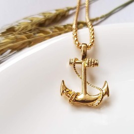 EunWow Gold Anchor Pendant Necklace Nautical Pirate Cool Vintage Anchor with 22'Chain