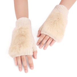 Women's Half Finger Gloves Synthetic Rabbit Fur Gloves Warm Knitted Gloves Winter Mittens Hand Warmer Girls Soft Cold Protection Fingerless Gloves for Typing, Study, Sports, apricot