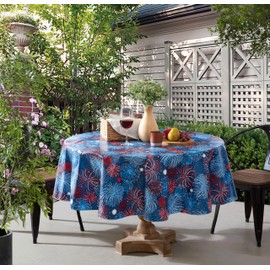 Newbridge Labor Day Round Vinyl Flannel Backed Tablecloth, 70 Inch, Fireworks Celebration, Indoor/Outdoor Party Table Cover, Americana Red, White and Blue Fireworks, Summer Barbecue Party