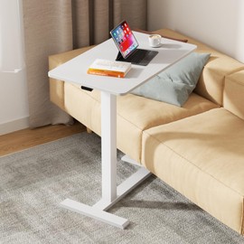 CROWNFURN Overbed Bedside Table with Wheels,Adjustable Pneumatic Standing Laptop Desk,Mobile Standing Desk for Home Hospital Use Rolling Bed Table,White