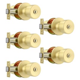 Leydebong 5 Pack Keyless Privacy Door Knob Lock with Thumb Turn, Gold Door Knob with Lock, Adjustable 60-70mm Backset for 35-49mm Thick Doors for Bathroom/Bedroom