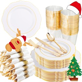Liacere 350PCS Gold Plastic Plates-Disposable White and Gold Plates 50guest Baroque Plastic Dinnerware include 100Plates, 50Pack Pre Rolled Napkins with Silverware 50Cups for Wedding&Christmas