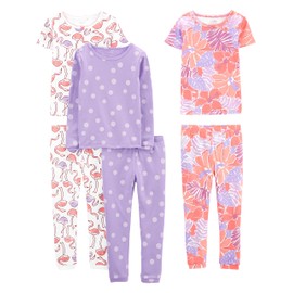 Simple Joys by Carter's Baby Girl's 6-Piece Snug Fit Cotton Pajama Set, Lilac Dots/White Flamingo/Floral, 6-9 Months (Pack of 3)