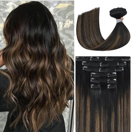 Ukira Extensiones De Cabello Con Clip En Cabello Humano Real, 12" 100G Extensiones De Cabello Balayage De Color Negro Natural A Castaño Castaño, Extensiones De Cabello Real Liso Natural Suave Clip En