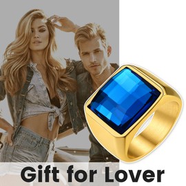 GOLDCHIC JEWELRY Men's Blue Sapphire Rings Gold, Stainless Steel Diamond Cut Stone Pinky Signet Rings Gifts For Rapper 13