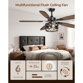Ceiling Fans with Lights and Remote, 52'' Vintage Caged Ceiling Fan with Light, 5 Blades, 6+1 Speed, Flush Mount Ceiling Fan Whisper-quiet for Farmhouse, Living Room, Kitchen and Porch