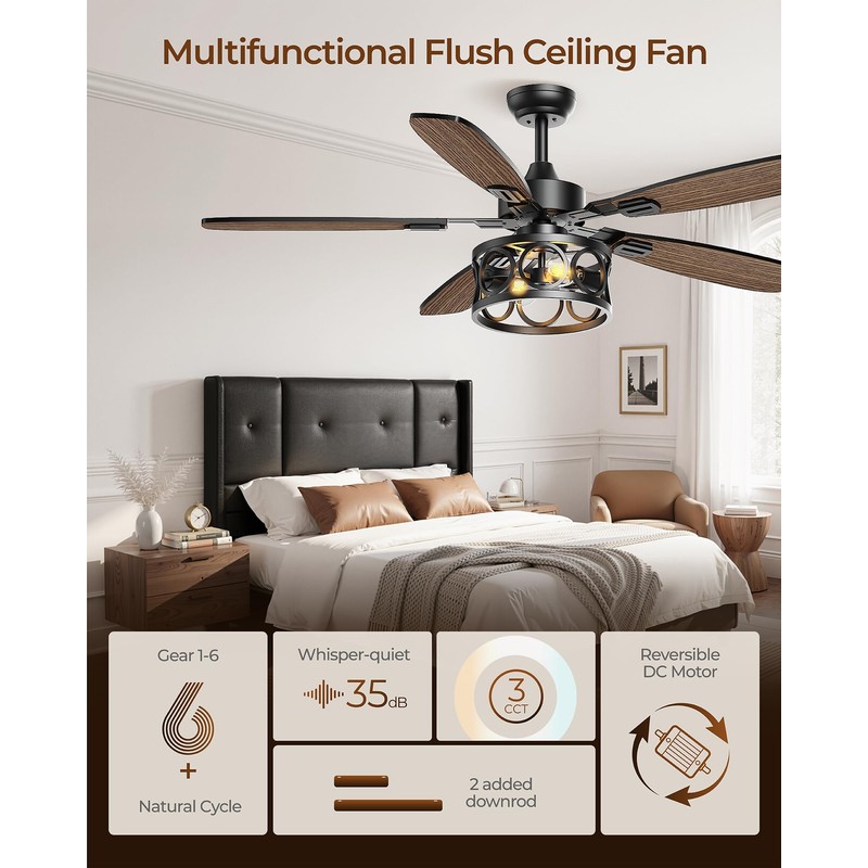 Ceiling Fans with Lights and Remote, 52'' Vintage Caged Ceiling