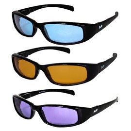 3 Pairs of MF Eyewear Bad Attitude Motorcycle Glasses Shatterproof Polycarbonate Black Frame UV400 Filter, Scratch-Resistant Motorcycle Riding Glasses Blue, Orange & Purple Lenses