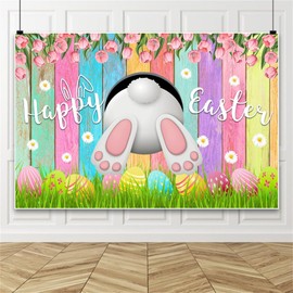 Leowefowa Easter Rabbit Backdrop 7x5ft Spring Colorful Eggs Decorations Floral Butterfly Wood Wall Photography Background Baby Shower Kids Adult Birthday Party Portrait Photo Booth Props
