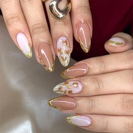 LWTZLW Gold French Tip Press on Nails 3D Flower Short Almond Nails Fake Nail French Tip Full Cover Glue On Nails Pink Oval Acrylic False Nail Glossy Artificial Nail Reusable for Women