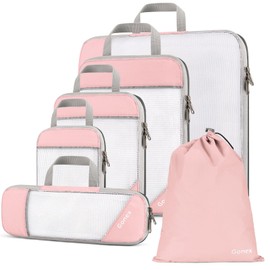 Gonex Compression Packing Cubes, 6 PCS Travel Luggage Packing Organizers with Mesh Extensible Suitcase Organiser for Travel, Pink