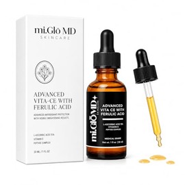 mi.Glo Advanced Vita-CE - Suero facial de ácido hialurónico con vitamina C, ácido ferúlico y vitamina E 1.0 fl oz/1 oz | Suero hidratante e iluminador para pieles grasas y secas | Fórmula ligera para
