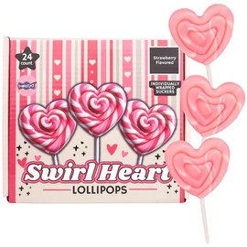 Pink Swirl Heart Lollipops, Individually Wrapped Suckers for Party Favors, Valentine's Day Candy, Strawberry Flavored, 24 Pieces