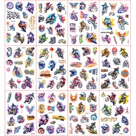 Motocross Glitter Tattoos for Children, 12 Sheets Motorcycle Temporary Tattoo Children, Gifts for Boys Girls, Party Bags, Children's Birthday Gifts, Party Decoration, Cars Toy Boys