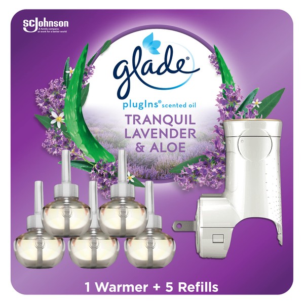 Glade PlugIns Refills Air Freshener Starter Kit, Scented and Essential Oils for Home and Bathroom, Lavender & Aloe, 3.35 Fl Oz, 1 Warmer + 5 Refills