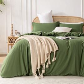 Green 100% Washed Cotton Linen Like Duvet Cover Set King Size, 3 Pieces, 1 Duvet Cover 104x90 Inches and 2 Pillow Shams, Soft Breathable Comforter Covers Zipper Closure