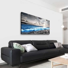 hyidecorart Framed Canvas Wall Art For Office Large Size Wall Decor For Living Room Bedroom Wall Decorations Blue Ocean Wall Painting Black and White Wall Modern Pictures Artwork Mural Home Decor