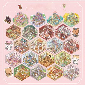 20 Sets 3D Sticker Scene,DIY 3D House Sticker Therapy Set for Adults,Rich Collection of 3D Space Stickers and Storage Spiral Notebook,Room Stickeer Book for Adults Kids