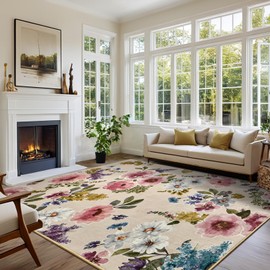 Comeet Washable Rugs 4x6 Non-Slip Ultra-Thin Soft Living Room Area Rug, Floral Print Accent Rugs Carpet for Bedroom, Bedside, Kids Room, Office, Dining Room