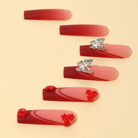 IMRAIN Press on Nails Long Square Fake Nails Matte Red Gradient False Nails with Flower & Butterfly Designs Full Cover Glue on Nails for Women Manicure Decoration