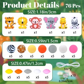 URROMA Silicone Beads Set,76Pcs Jungle Animals Theme Bulk Silicone Bead Irregular Spacer Beads for Pen Necklace Keychain Bracelets Craft Making
