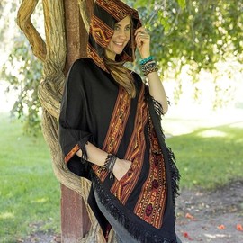 Om Shanti Crafts Hooded Poncho Adult Poncho Blanket Pullover Poncho Shawl Vegan Wool Poncho (Black)