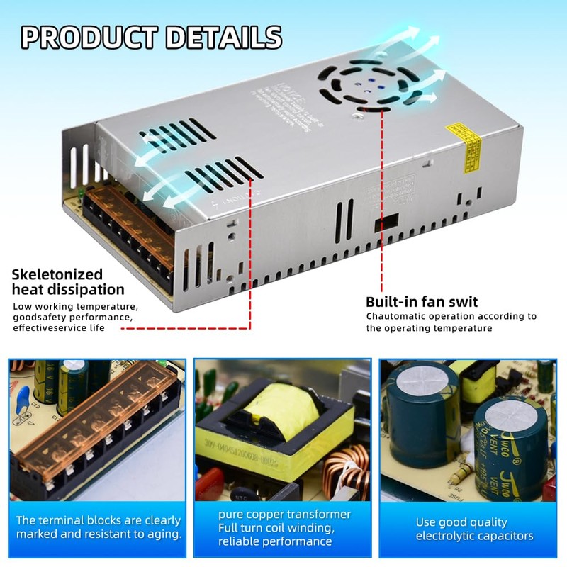 HuanQiuSensmart 110V AC to 12V DC Transformer, 12V 500W 40A