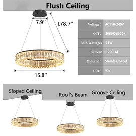 HAIXIANG Modern Crystal Chandelier Dimmable LED 16 Inch Ring Pendant Lights Adjustable Glam Chandeliers Lighting Fixtures for Dining Room Living Room Bedroom Black Light