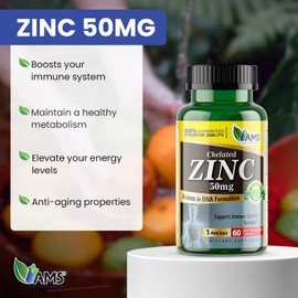 America Medic & Science Chelated Zinc 50 mg Supplements (1 Pack of 60 Tablets) Immune Booster and Powerful Antioxidant Pills for Adults Men and Women | Highly Absorbable Mineral, Improves Mood & Sleep