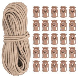 PATIKIL 10 Yard Elastic Bungee Cord & Single Hole Cord Lock, 25 Pack Plastic Oval Spring Toggle Stopper for Paracord Drawstring Shoelace Clothing Backpack Bags, Khaki