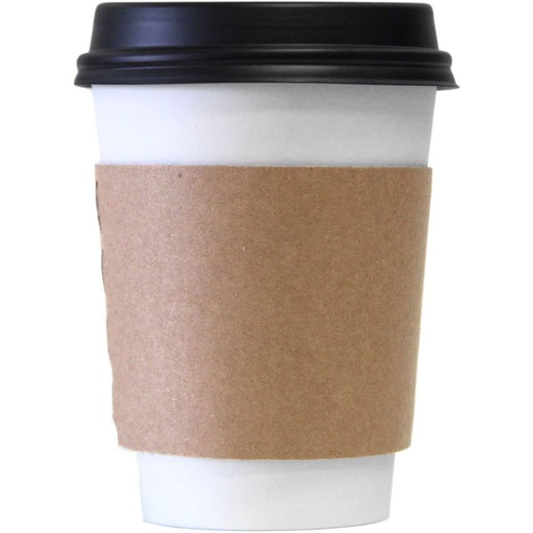 [50 Pack] 12 oz Hot Beverage Disposable White Paper Coffee Cup with Black Dome Lid and Kraft Sleeve Combo, Small Tall