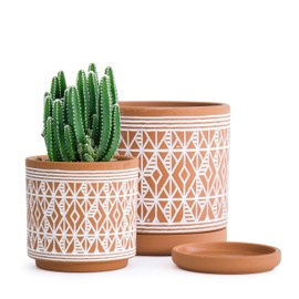 Set of 2, Diamond Pattern Planter Pot, 4.5 Inch and 6.4 Inch, Pot with Drainage Hole and Saucer, Terracotta/White, A-958-7-1