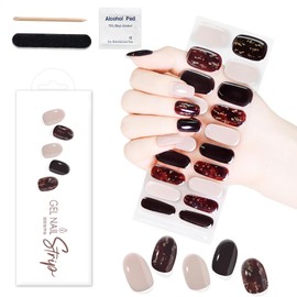 WOKOTO 1 Sheet Semi Cured Gel Nail Strips With Wood Stick, Nail File & Prepared Pads, 20 Tips Burgundy - Gold Glitter Semi Cured Nail Polish Strips, Harden With UV Light Gel Nail Wraps Stickers