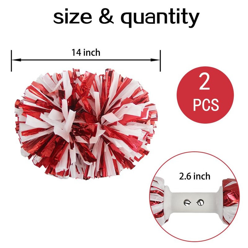Hooshing 2PCS Pom Poms Cheerleading Metallic Red and White Professional