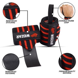 Widzar Wrist Wraps - Support Brace for Weightlifting, Powerlifting, Workout, Bodybuilding & Gym Training - Adjustable Straps with Attached Thumb Loops, Ergonomic Design for Men and Women (Red Stripes)